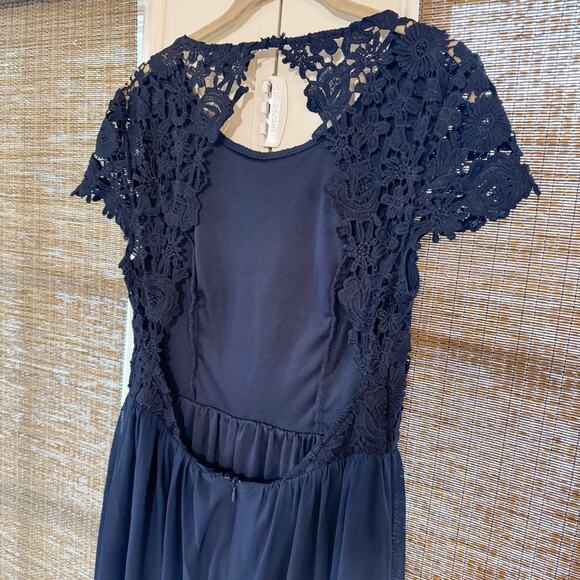 Lulus The Greatest Navy Blue Maxi Dress Open Back Chiffon Lace Size M Weddings - Picture 8 of 13